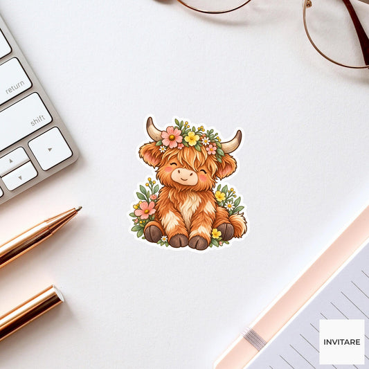 Highland Cow Flower Crown Sticker, Cute Watercolor Farm Animal Laptop Planner Water Bottle Gift