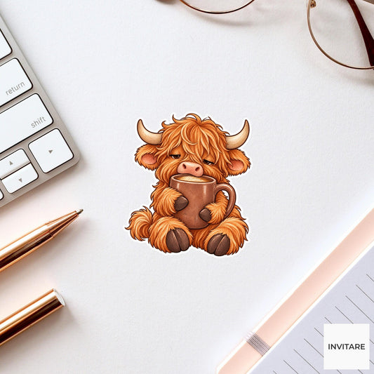 Highland Cow Coffee Mug Sticker, Sleepy Watercolor Farm Animal Laptop Planner Water Bottle Gift