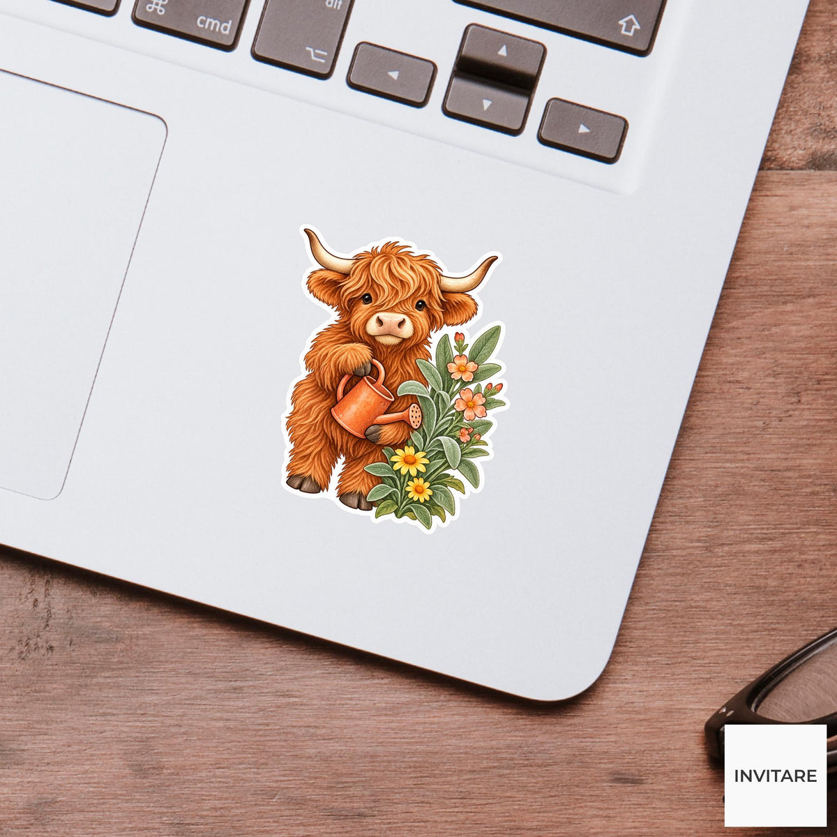 Highland Cow Watering Can Sticker, Cute Watercolor Gardener Laptop Planner Water Bottle Gift