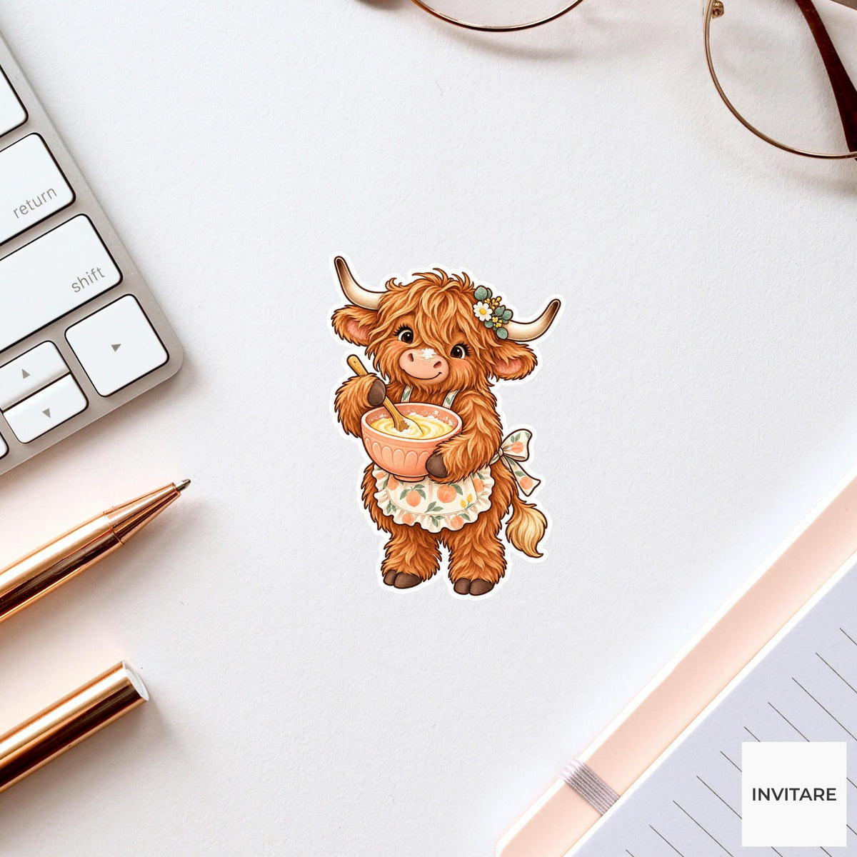 Highland Cow Baking Sticker, Cute Watercolor Baker Laptop Planner Water Bottle Kitchen Gift