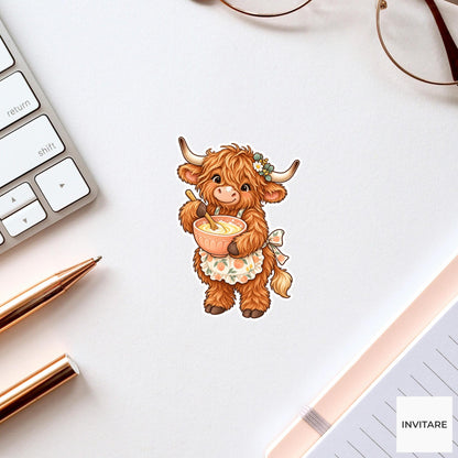 Highland Cow Baking Sticker, Cute Watercolor Baker Laptop Planner Water Bottle Kitchen Gift