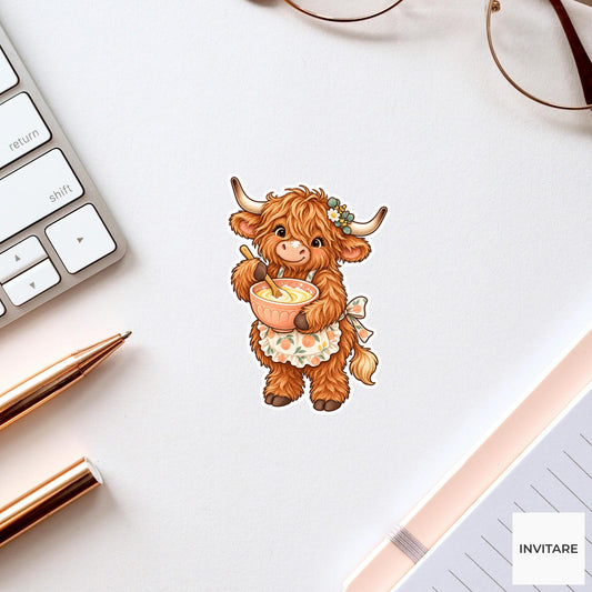 Highland Cow Baking Sticker, Cute Watercolor Baker Laptop Planner Water Bottle Kitchen Gift
