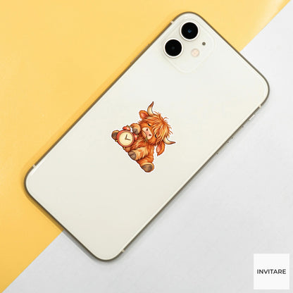 Sleepy Highland Cow Alarm Clock Sticker, Funny Watercolor Laptop Planner Water Bottle Gift