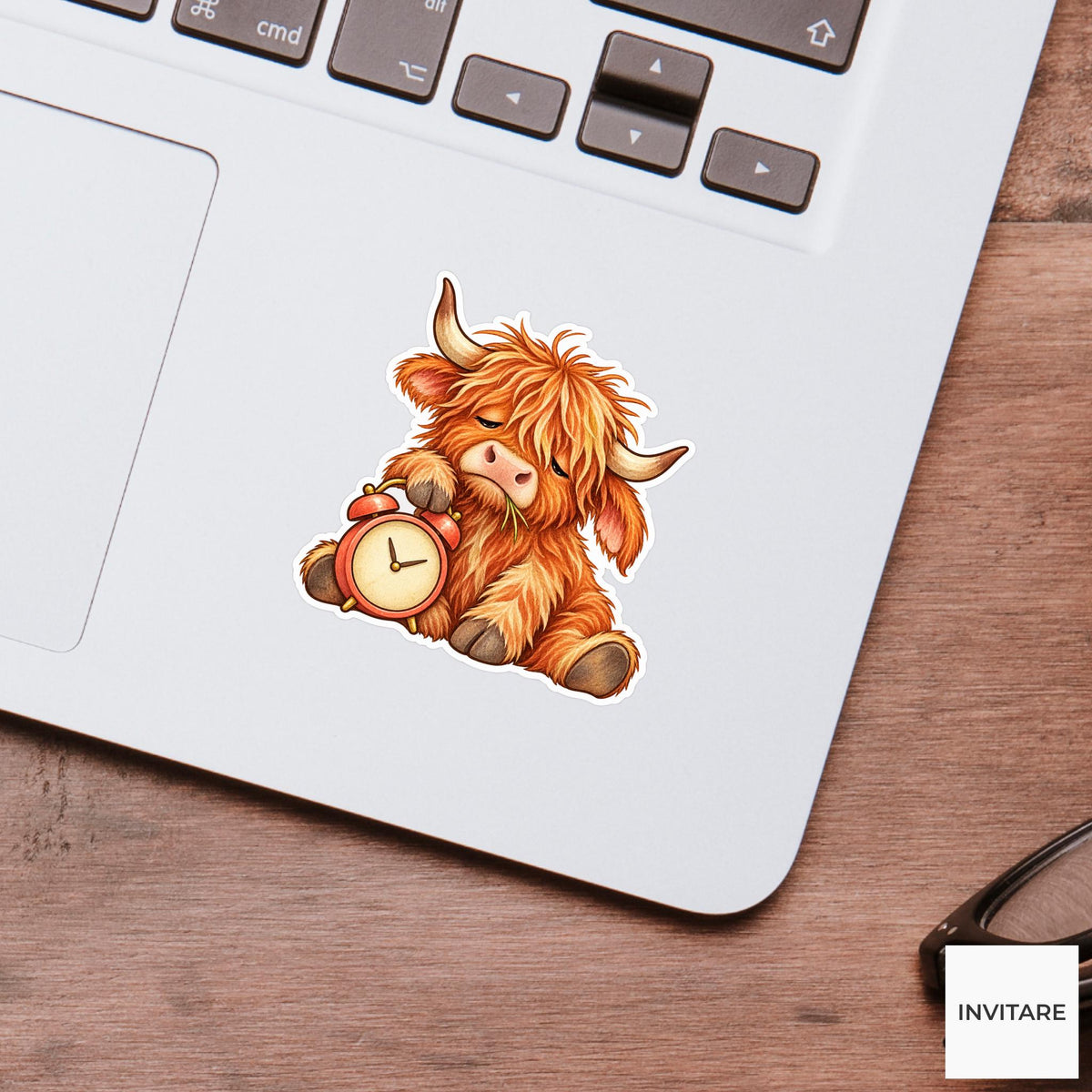Sleepy Highland Cow Alarm Clock Sticker, Funny Watercolor Laptop Planner Water Bottle Gift