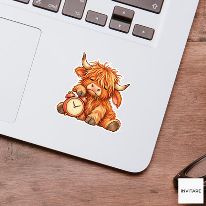 Sleepy Highland Cow Alarm Clock Sticker, Funny Watercolor Laptop Planner Water Bottle Gift