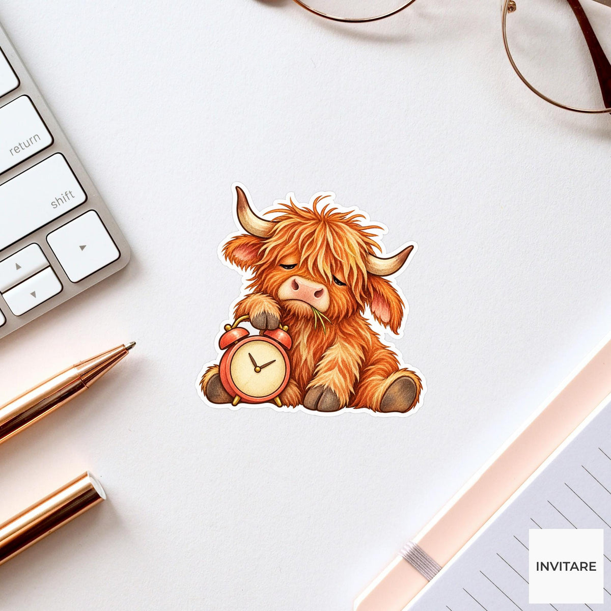 Sleepy Highland Cow Alarm Clock Sticker, Funny Watercolor Laptop Planner Water Bottle Gift