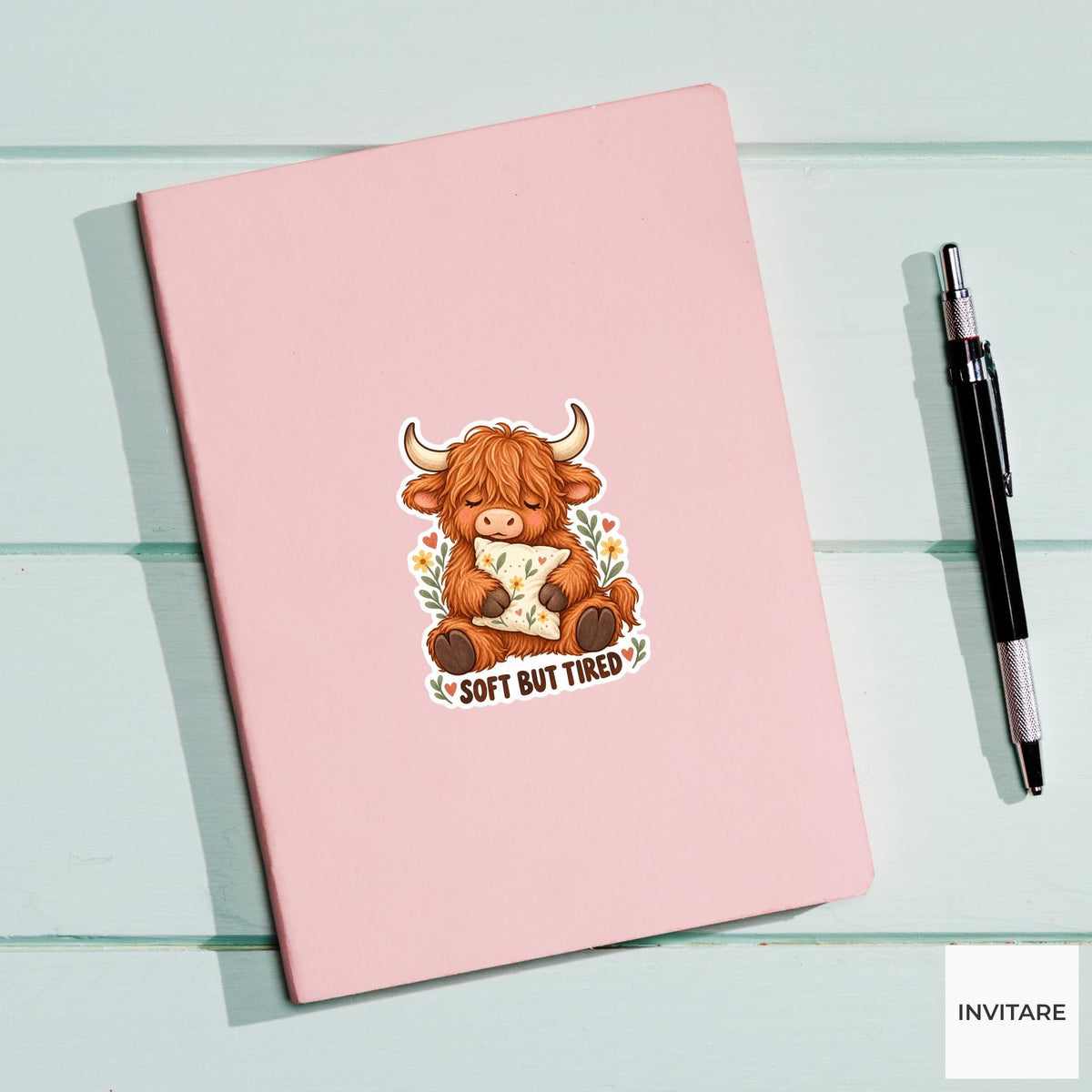 Highland Cow Soft But Tired Sticker, Funny Watercolor Laptop Planner Water Bottle Gift
