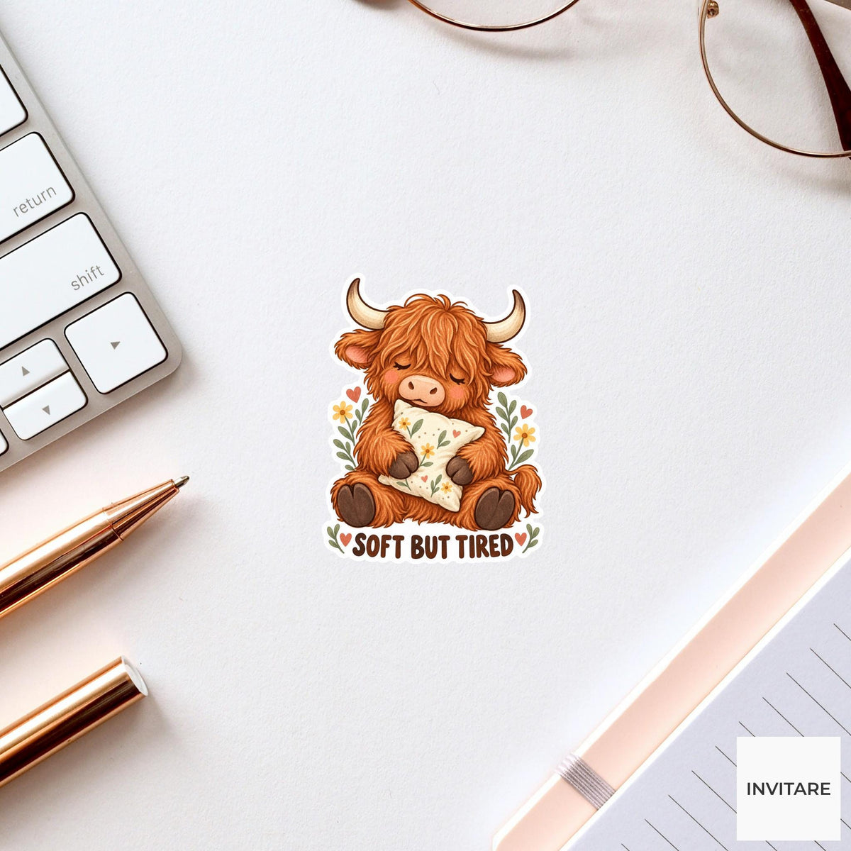 Highland Cow Soft But Tired Sticker, Funny Watercolor Laptop Planner Water Bottle Gift