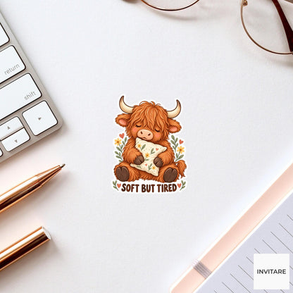 Highland Cow Soft But Tired Sticker, Funny Watercolor Laptop Planner Water Bottle Gift