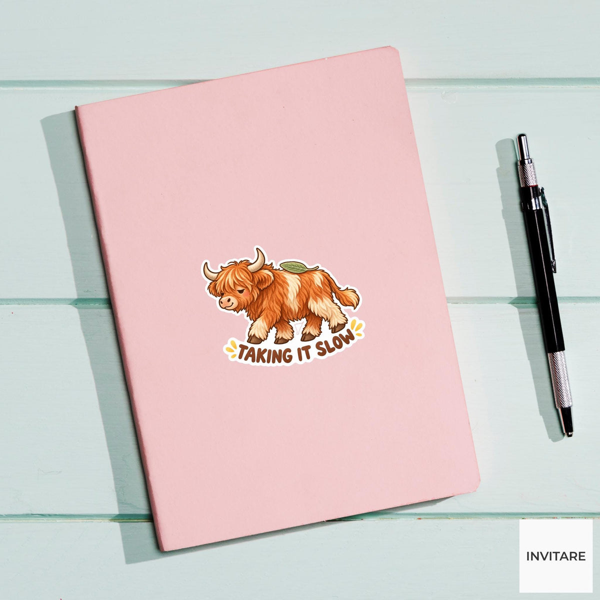 Highland Cow Taking It Slow Sticker, Cute Watercolor Laptop Planner Water Bottle Gift
