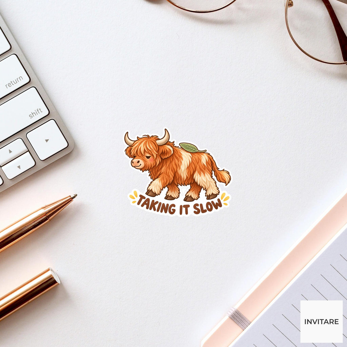 Highland Cow Taking It Slow Sticker, Cute Watercolor Laptop Planner Water Bottle Gift