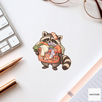 Raccoon Laundry Basket Sticker, Tired Watercolor Trash Panda Laptop Planner Water Bottle Gift