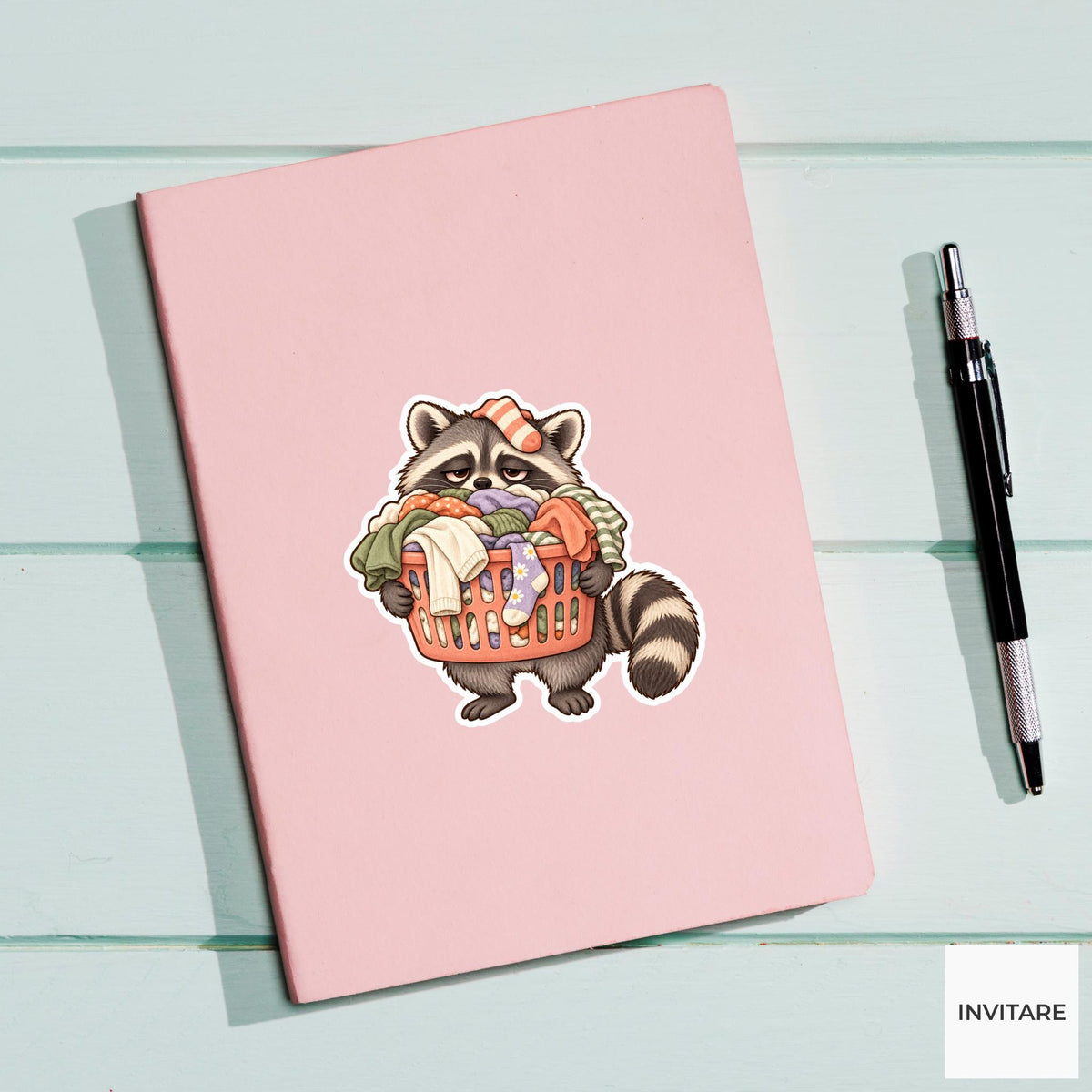 Raccoon Laundry Basket Sticker, Tired Watercolor Trash Panda Laptop Planner Water Bottle Gift