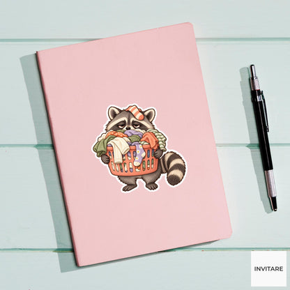 Raccoon Laundry Basket Sticker, Tired Watercolor Trash Panda Laptop Planner Water Bottle Gift