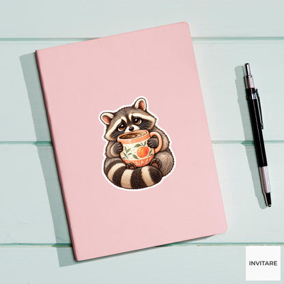 Raccoon Coffee Mug Sticker, Funny Watercolor Trash Panda Laptop Planner Water Bottle Gift