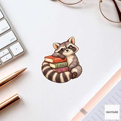 Bookish Raccoon Sticker, Cute Watercolor Book Stack Laptop Planner Water Bottle Reader Gift