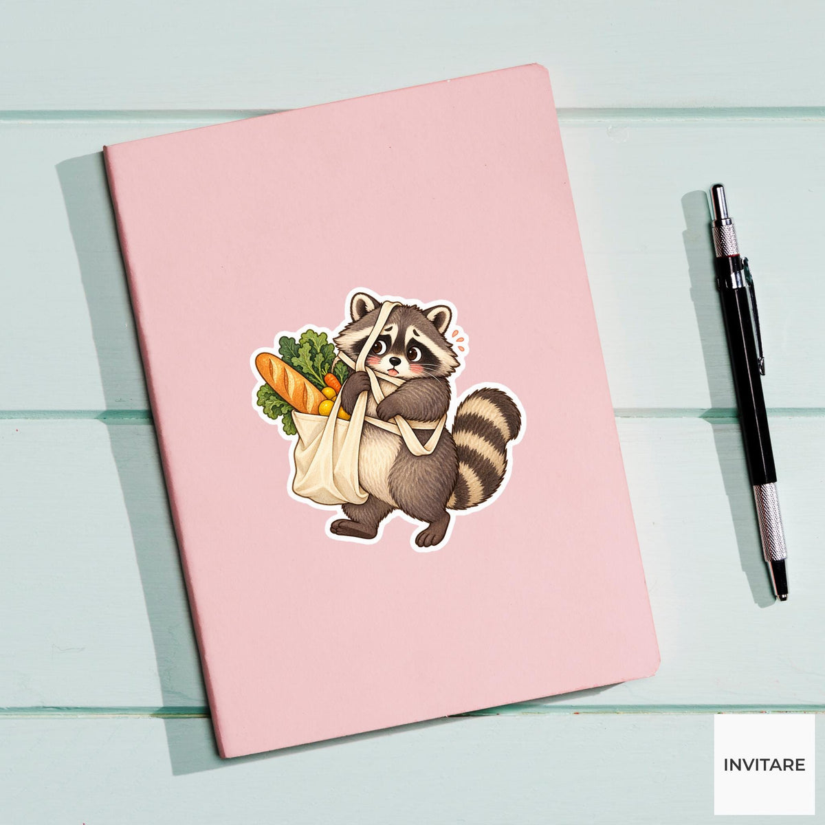 Raccoon Grocery Bag Sticker, Cute Watercolor Trash Panda Laptop Planner Water Bottle Gift
