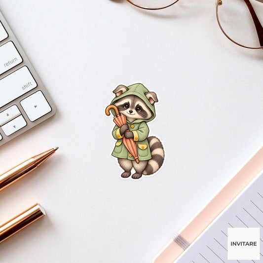 Raccoon Raincoat Umbrella Sticker, Cute Watercolor Trash Panda Laptop Planner Water Bottle Gift