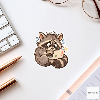 Overwhelmed Raccoon Laptop Sticker, Funny Watercolor Trash Panda Planner Water Bottle Office Gift