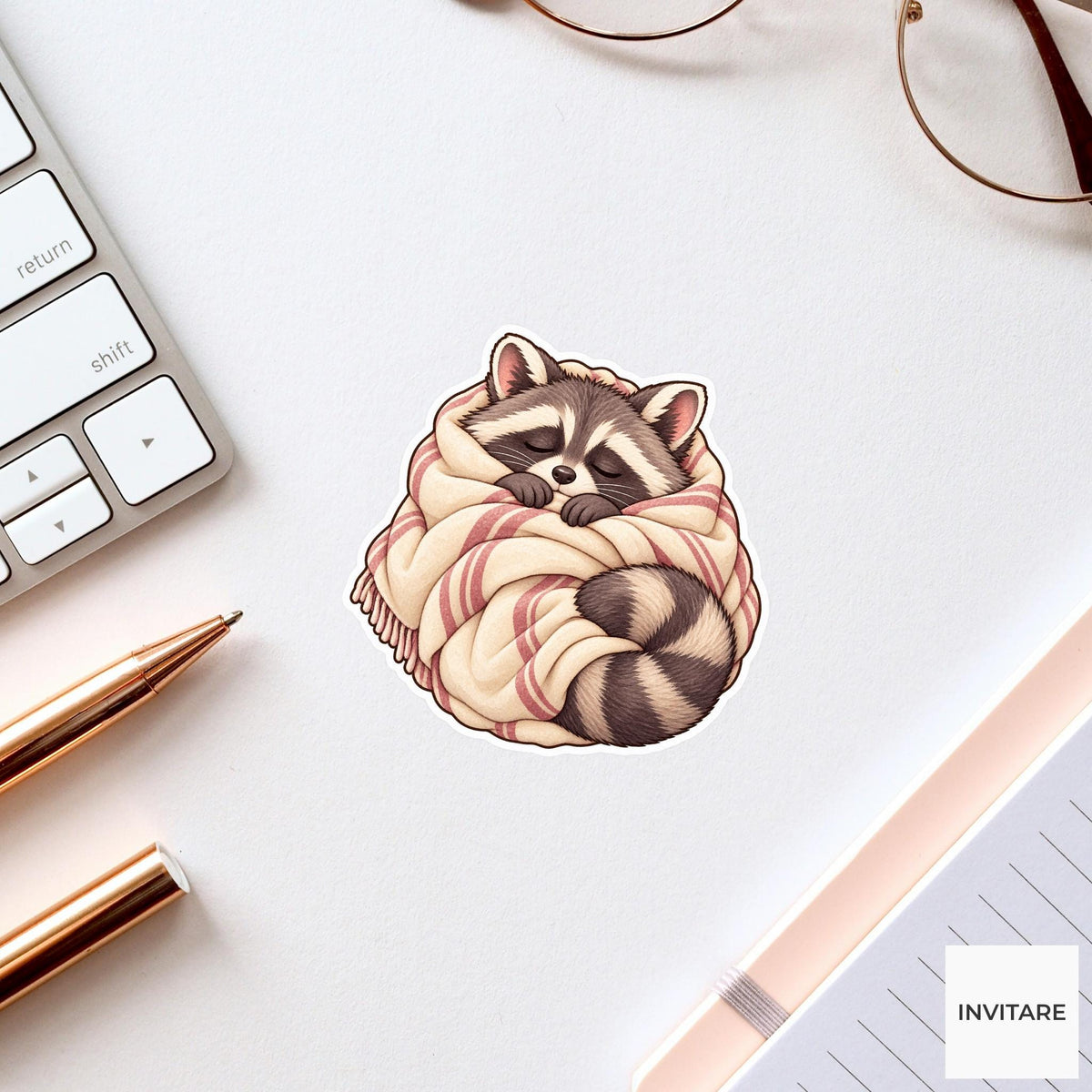 Raccoon Blanket Burrito Sticker, Cozy Watercolor Trash Panda Laptop Planner Water Bottle Gift