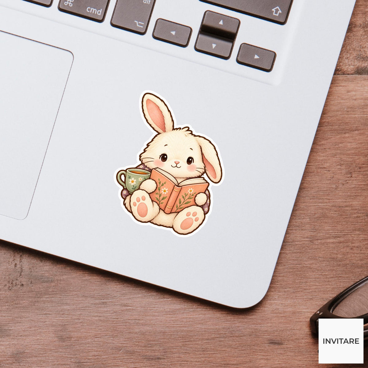Bunny Tea And Book Sticker, Cute Watercolor Reader Laptop Planner Water Bottle Gift