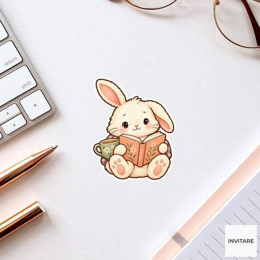 Bunny Tea And Book Sticker, Cute Watercolor Reader Laptop Planner Water Bottle Gift