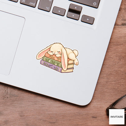 Bunny Book Stack Nap Sticker, Cute Watercolor Reader Laptop Planner Water Bottle Gift