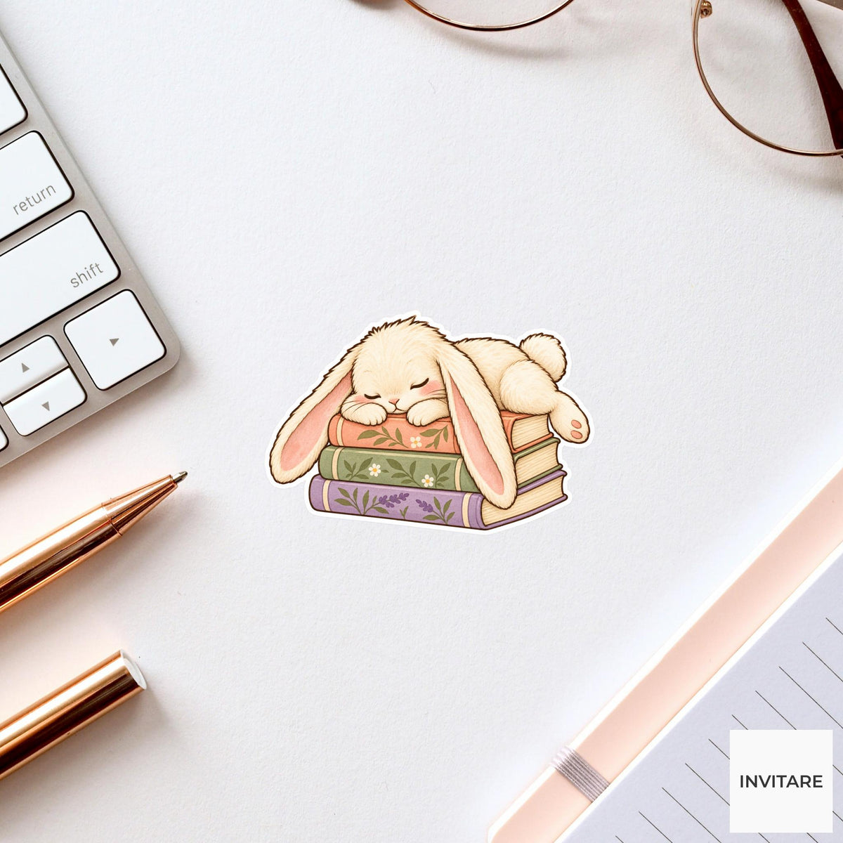 Bunny Book Stack Nap Sticker, Cute Watercolor Reader Laptop Planner Water Bottle Gift