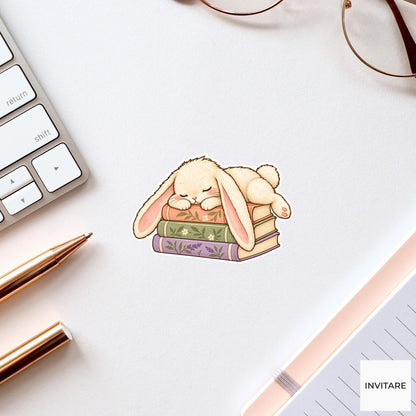 Bunny Book Stack Nap Sticker, Cute Watercolor Reader Laptop Planner Water Bottle Gift