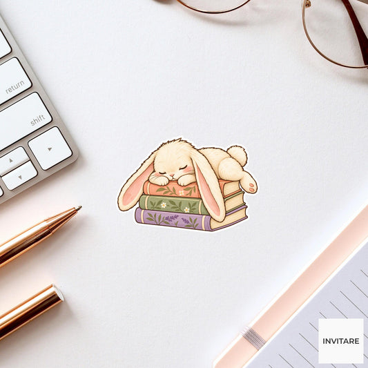 Bunny Book Stack Nap Sticker, Cute Watercolor Reader Laptop Planner Water Bottle Gift