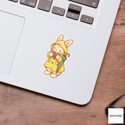 Bunny Raincoat Reading Sticker, Cute Watercolor Bookish Rabbit Laptop Planner Water Bottle Gift
