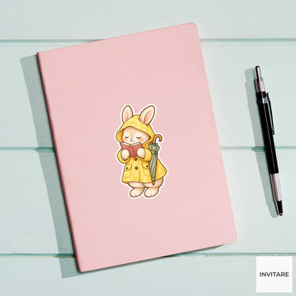 Bunny Raincoat Reading Sticker, Cute Watercolor Bookish Rabbit Laptop Planner Water Bottle Gift