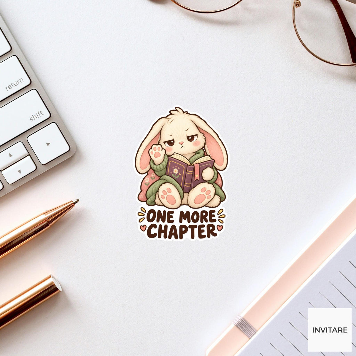 Bunny One More Chapter Sticker, Funny Watercolor Reader Laptop Planner Water Bottle Gift