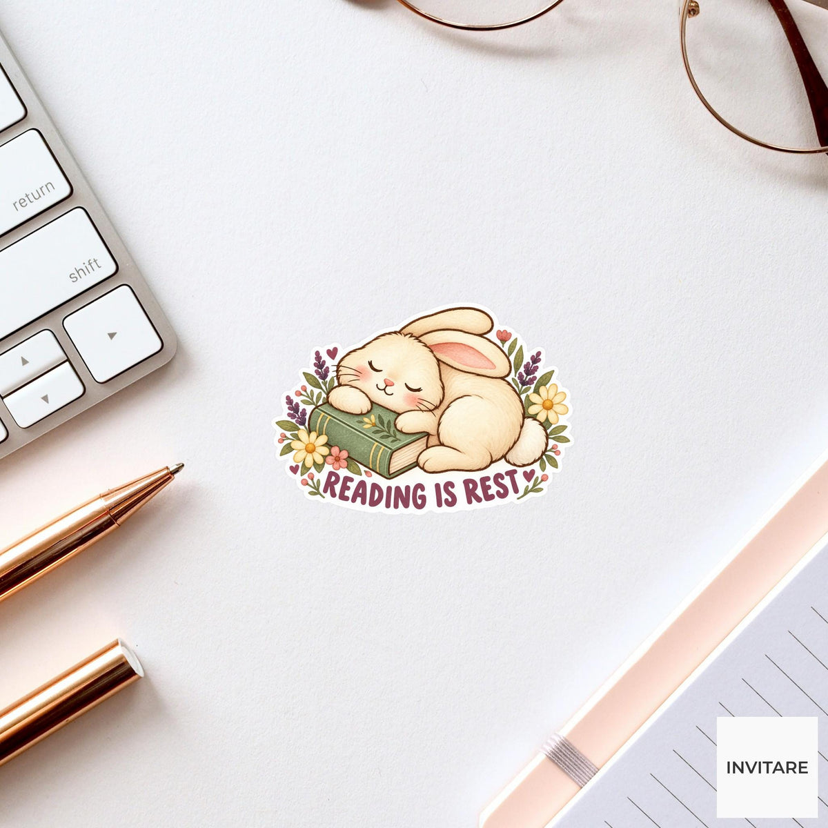 Bunny Reading Is Rest Sticker, Cute Watercolor Reader Laptop Planner Water Bottle Gift