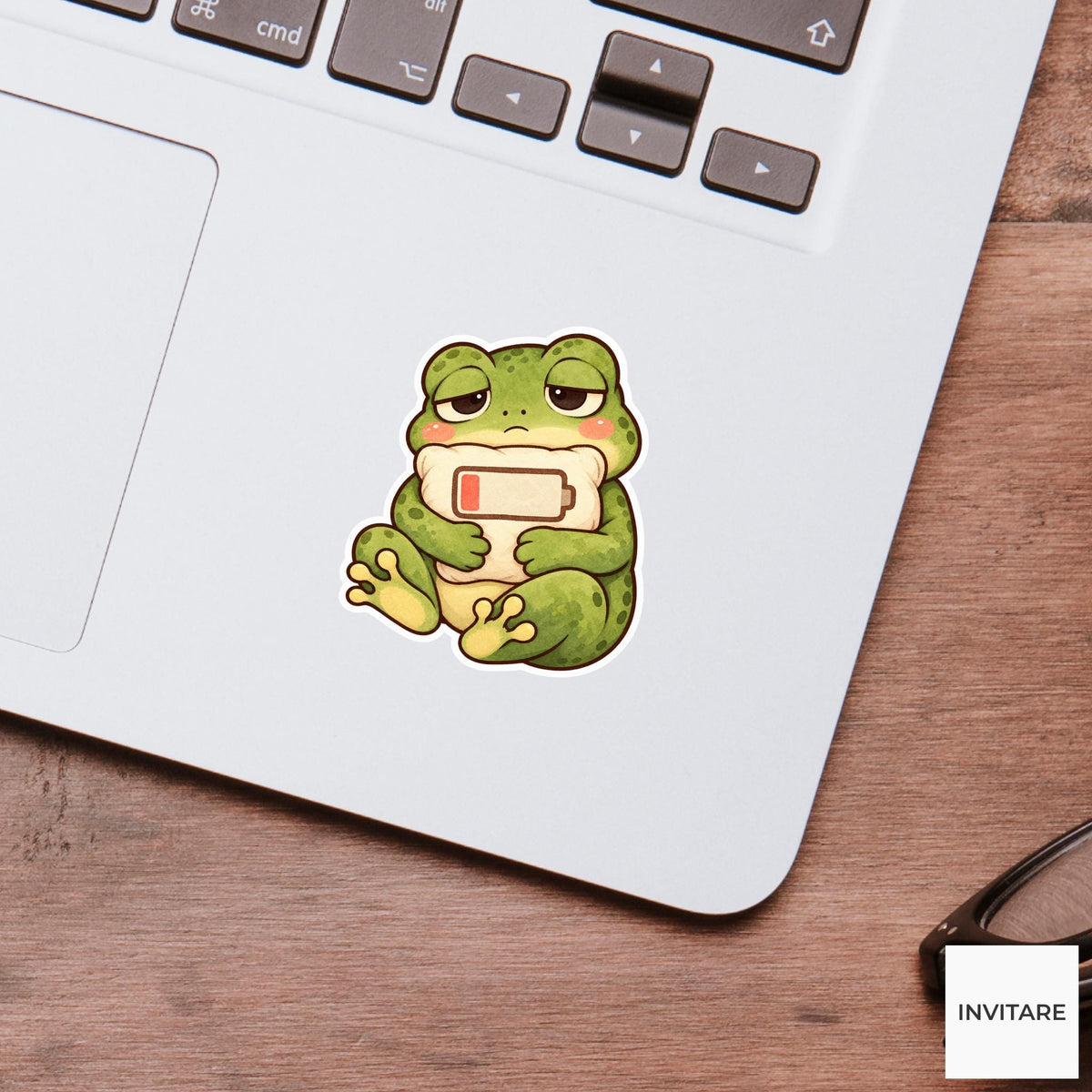 Frog Battery Pillow Sticker, Tired Watercolor Amphibian Laptop Planner Water Bottle Gift