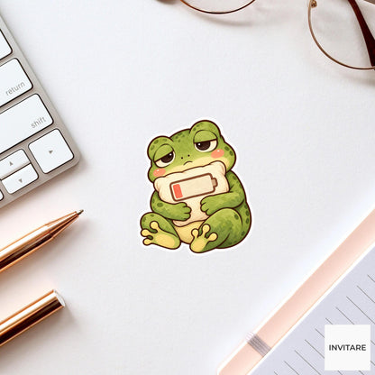 Frog Battery Pillow Sticker, Tired Watercolor Amphibian Laptop Planner Water Bottle Gift