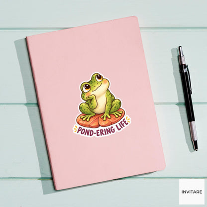 Frog Pond-ering Life Sticker, Funny Watercolor Amphibian Laptop Planner Water Bottle Gift