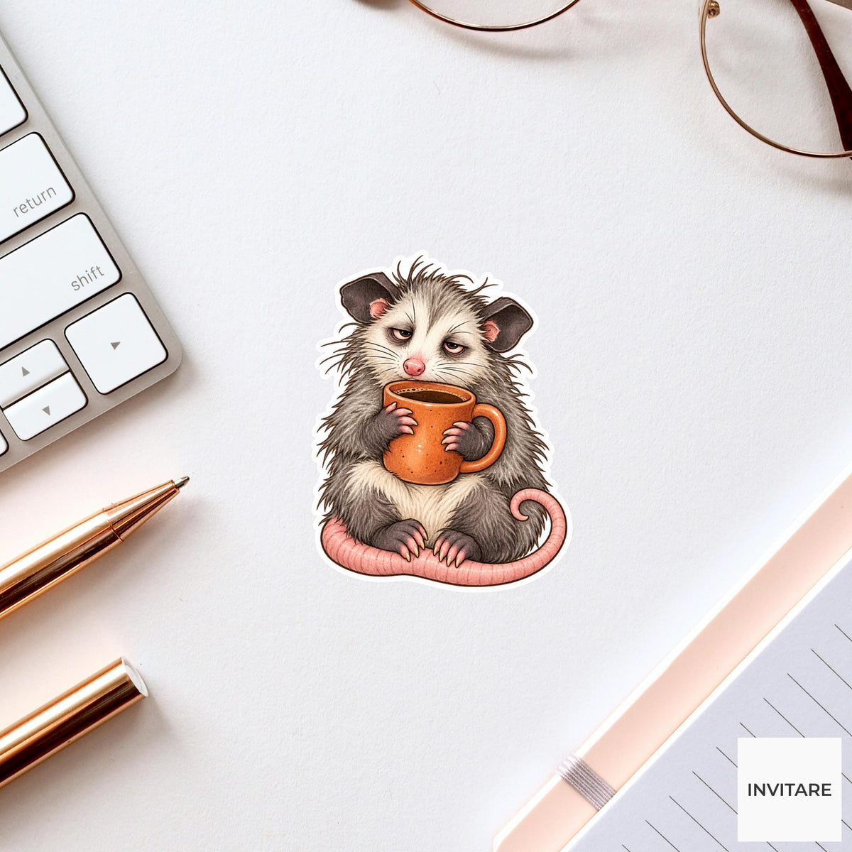 Possum Coffee Mug Sticker, Funny Watercolor Marsupial Laptop Planner Water Bottle Morning Gift