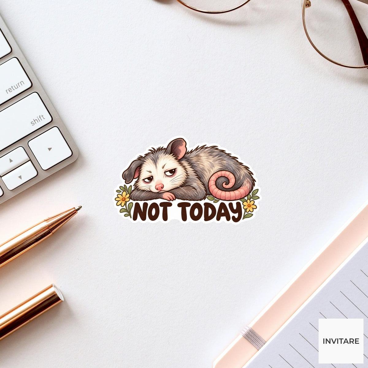 Possum Not Today Sticker, Funny Watercolor Marsupial Laptop Planner Water Bottle Introvert Gift