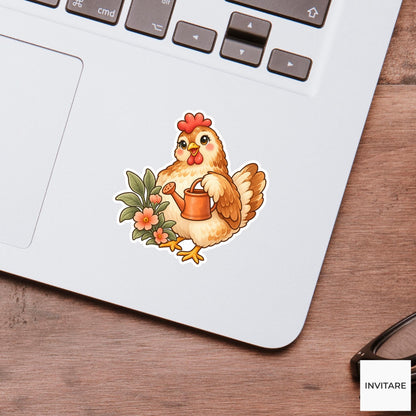 Chicken Watering Can Sticker, Cute Watercolor Hen Laptop Planner Water Bottle Garden Gift