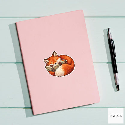 Fox Book And Tea Sticker, Cute Watercolor Woodland Reader Laptop Planner Water Bottle Gift