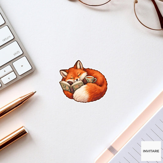 Fox Book And Tea Sticker, Cute Watercolor Woodland Reader Laptop Planner Water Bottle Gift