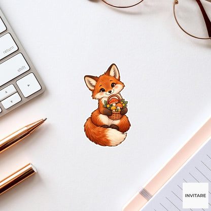 Fox Mushroom Basket Sticker, Cute Watercolor Woodland Forager Laptop Planner Water Bottle Gift