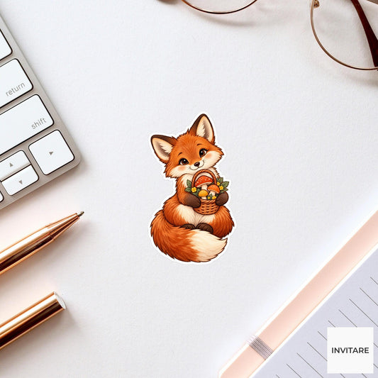 Fox Mushroom Basket Sticker, Cute Watercolor Woodland Forager Laptop Planner Water Bottle Gift