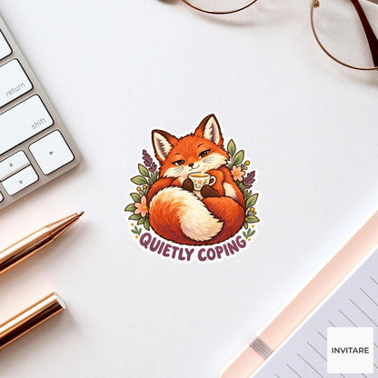 Fox Quietly Coping Sticker, Cute Watercolor Woodland Laptop Planner Water Bottle Introvert Gift