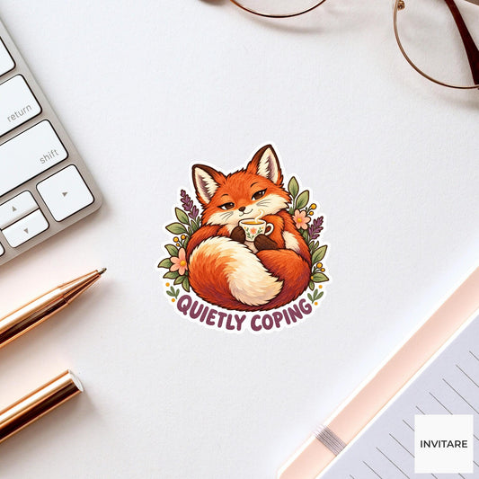 Fox Quietly Coping Sticker, Cute Watercolor Woodland Laptop Planner Water Bottle Introvert Gift