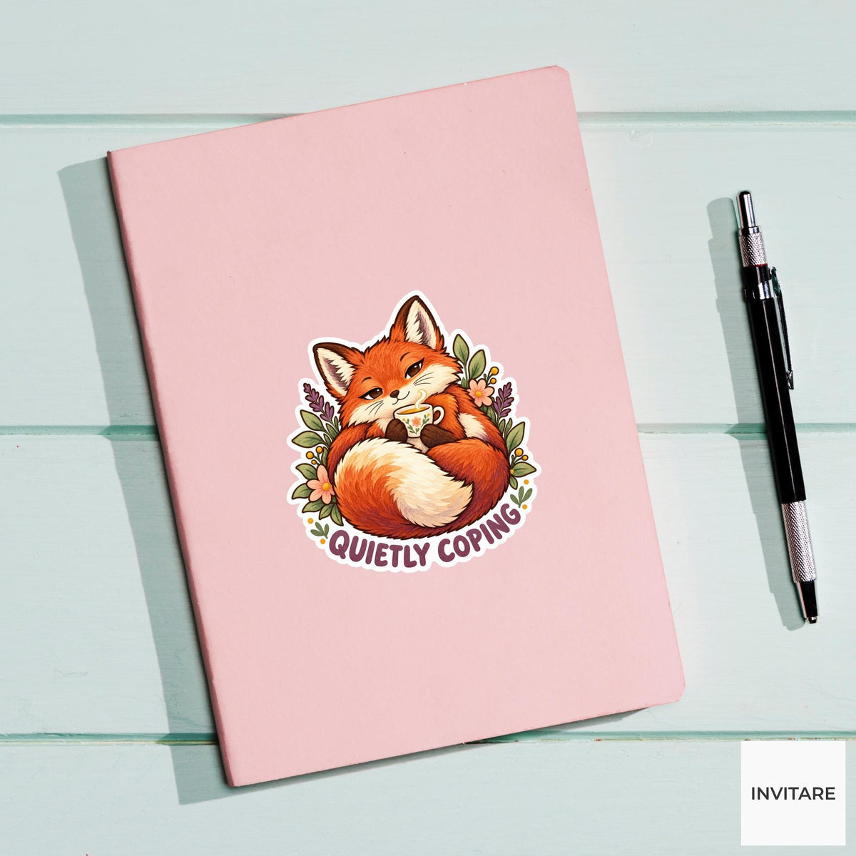 Fox Quietly Coping Sticker, Cute Watercolor Woodland Laptop Planner Water Bottle Introvert Gift