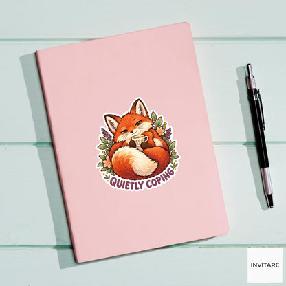 Fox Quietly Coping Sticker, Cute Watercolor Woodland Laptop Planner Water Bottle Introvert Gift