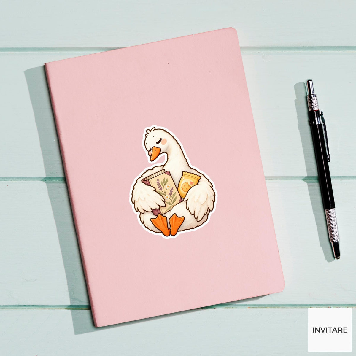 Goose Book And Snack Sticker, Funny Watercolor Reader Laptop Planner Water Bottle Gift