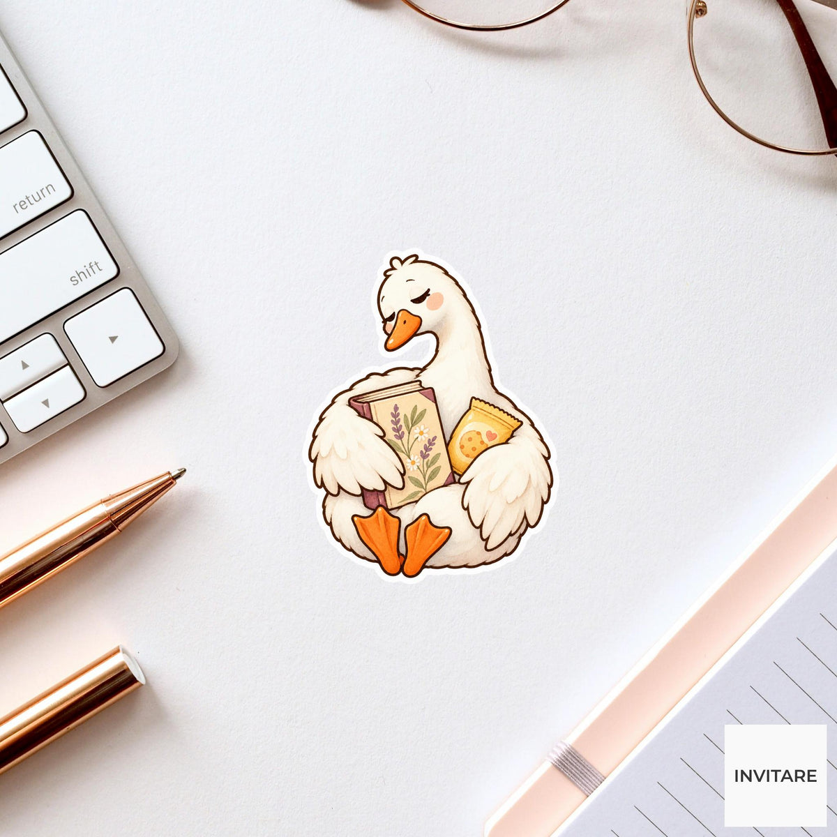 Goose Book And Snack Sticker, Funny Watercolor Reader Laptop Planner Water Bottle Gift